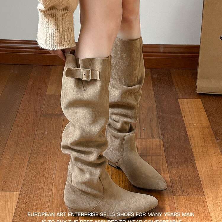 Soft Leather Version ~ Lazy Style Women's Winter Slouch French Slimming High Chunky Heel Suede Khaki Long Boots 00