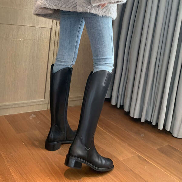 Cowhide Version~2025 New V-Neck Thick Sole Fleece-Lined Chunky Heel Mid-Calf Riding for Women Autumn Winter Genuine Leather Long Boots ed