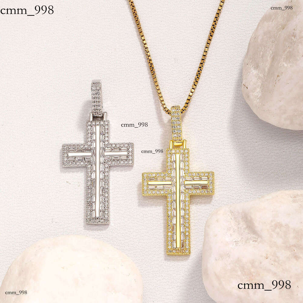 Slim Long Dia Cross Pendant Personality Real Gold Plated Sterling Silver Moissanite chain Necklace