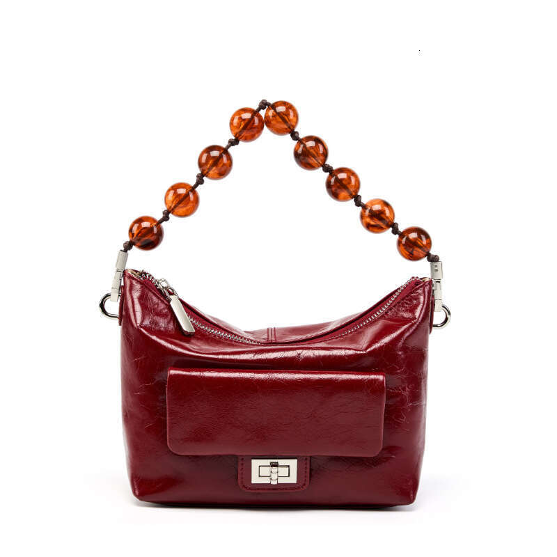 Luxury bag Chinese Style Beaded Chain Crossbody Shoulder Bag for Women New Oil Wax Leather Pleated Handbag