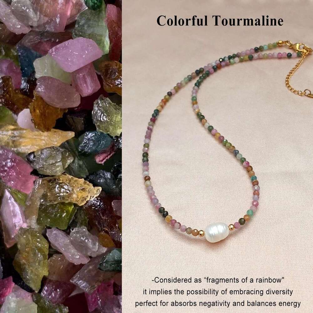 Women's Crystal Single Freshwater Pearl Colorful Beaded Necklace, Fashionable Natural Stone Choker