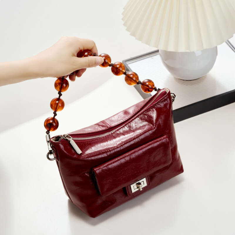Luxury bag Chinese Style Beaded Chain Crossbody Shoulder Bag for Women New Oil Wax Leather Pleated Handbag