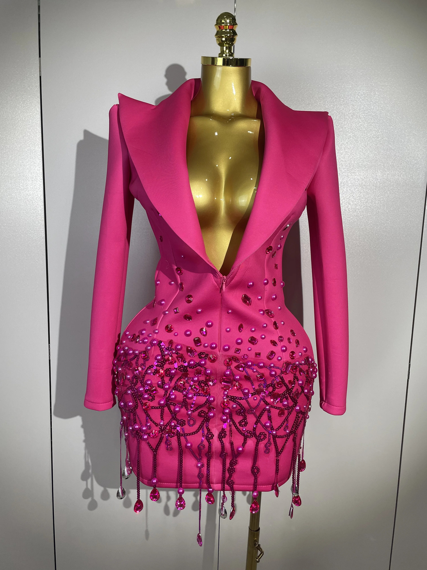 Sparkly Crystal Chains Pearls Long Sleeve Mini Dress 2025 Women Birthday Evening Party Nightclub Outfit Singer Wedding Costume 251009