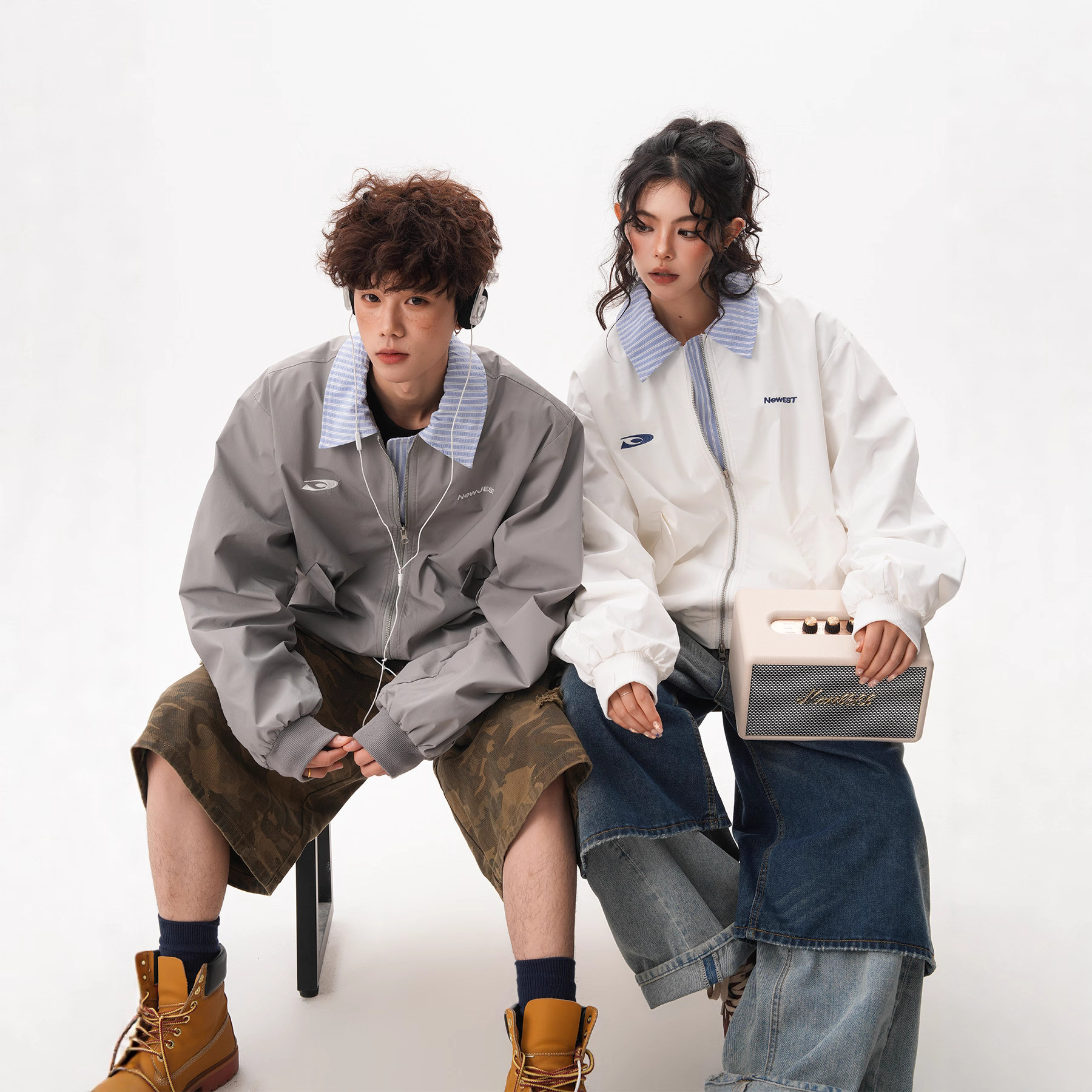 Unique Design Fake Two-piece Striped Turn-down Collar Workwear Jacket Unisex Designer Jacket Jacket Men Loose Casual Versatile Couple Coat Top