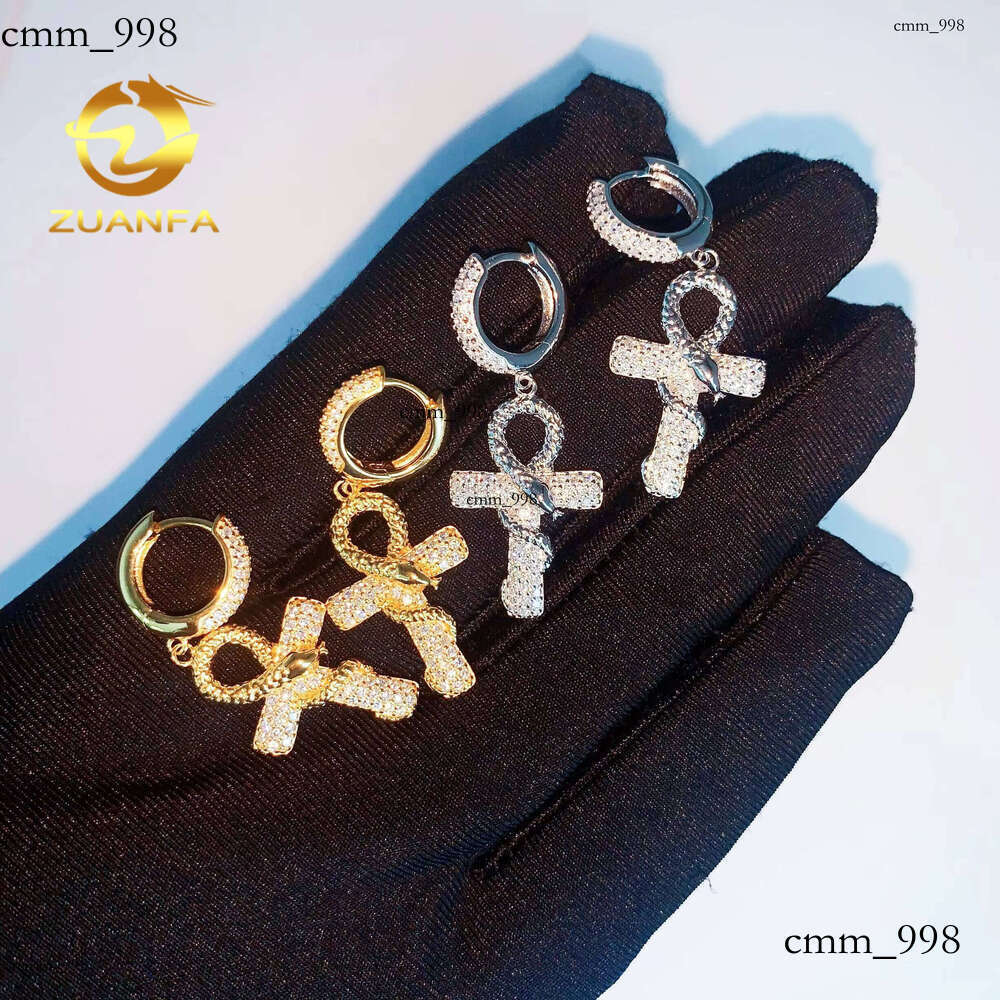 GRA Certificate Snake Design Silicon Stone Hoop Earrings Cross Real Gold Plate Hip Hop Jewelry