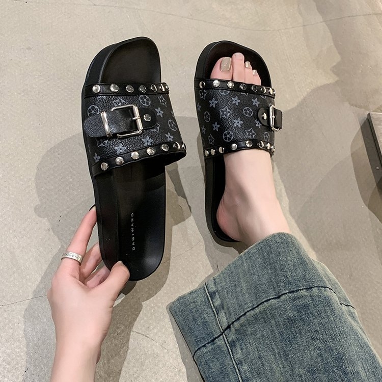 New women's metal buckle flip-flops 2025 summer fashion versatile color-block flat outdoor printed sandals