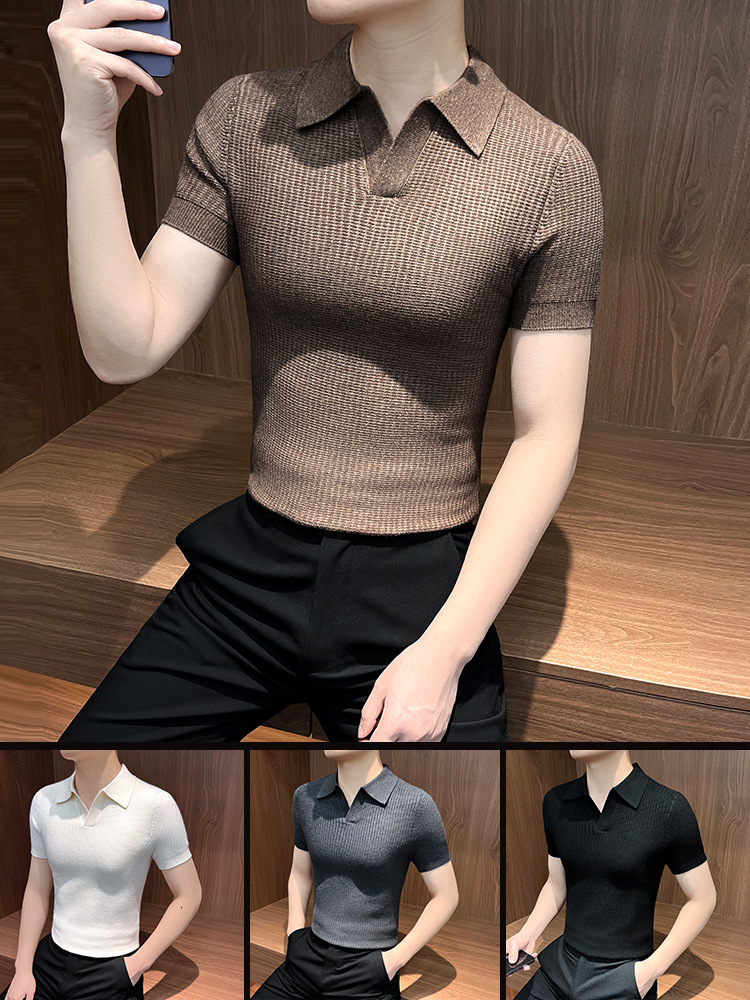 V-neck Polo Shirt Men's 2025 New Summer Handsome Style High-end Slim Fit Men's Knitted Designer Hoodie Short Designer Shirt Sleeve T-shirt