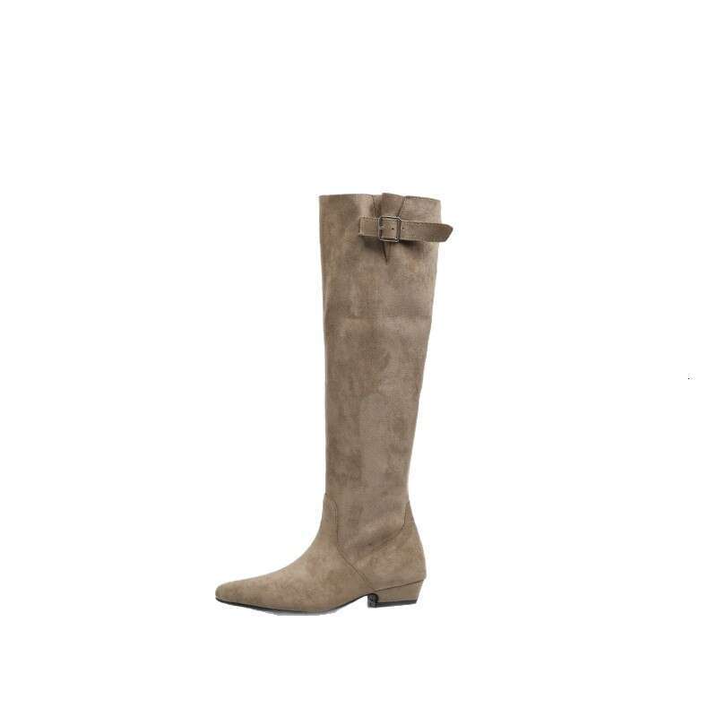 Soft Leather Version ~ Lazy Style Women's Winter Slouch French Slimming High Chunky Heel Suede Khaki Long Boots 00
