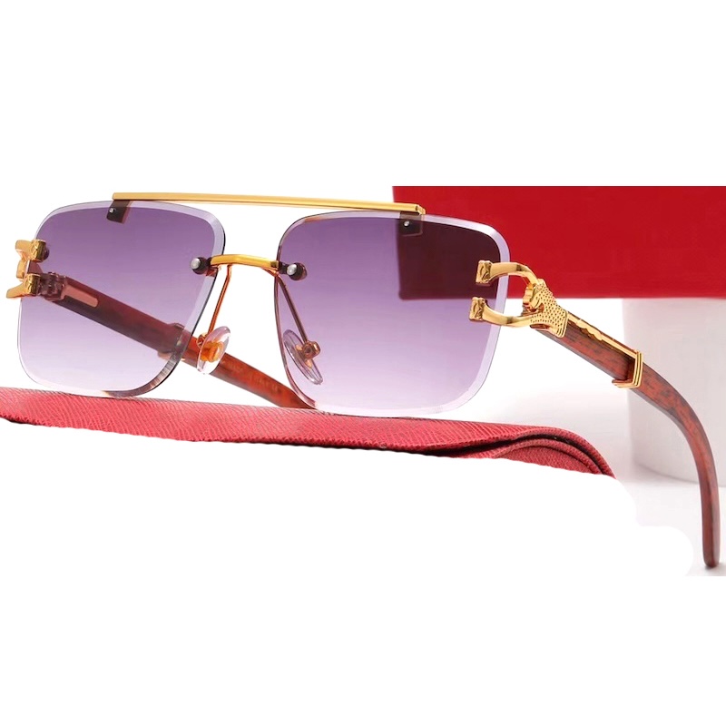 Square Rimless Sunglasses Men Retro Flat Top Double Bridges Metal Frame Men's Sunglasses Luxury Gold Lion Decoration Women Sun Glasses Eyewear