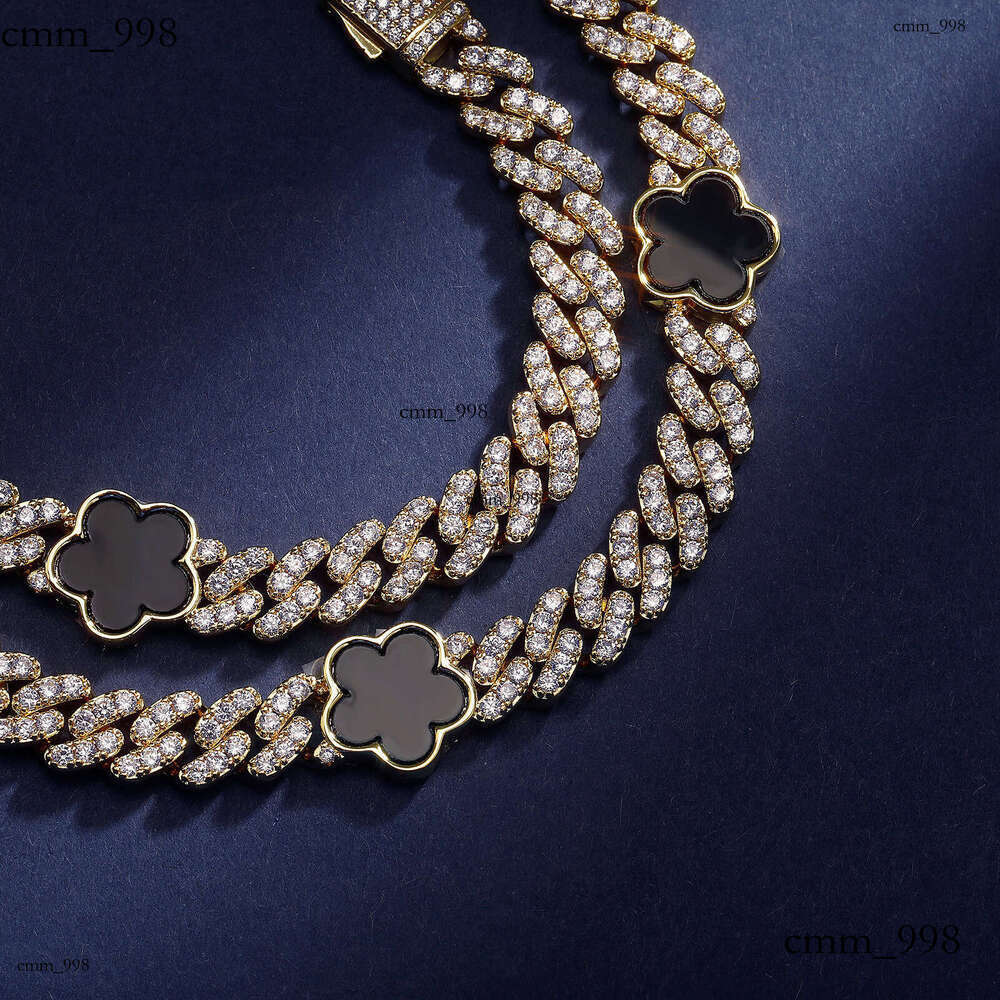 Hip Hop Five-Petal Flower Moissanite chain Spring Clasp Cuban Necklace 15mm Personality INS Trend Men's Accessories