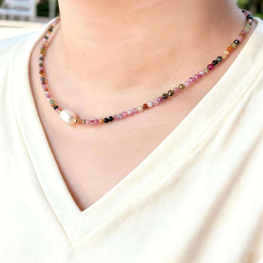 Women's Crystal Single Freshwater Pearl Colorful Beaded Necklace, Fashionable Natural Stone Choker