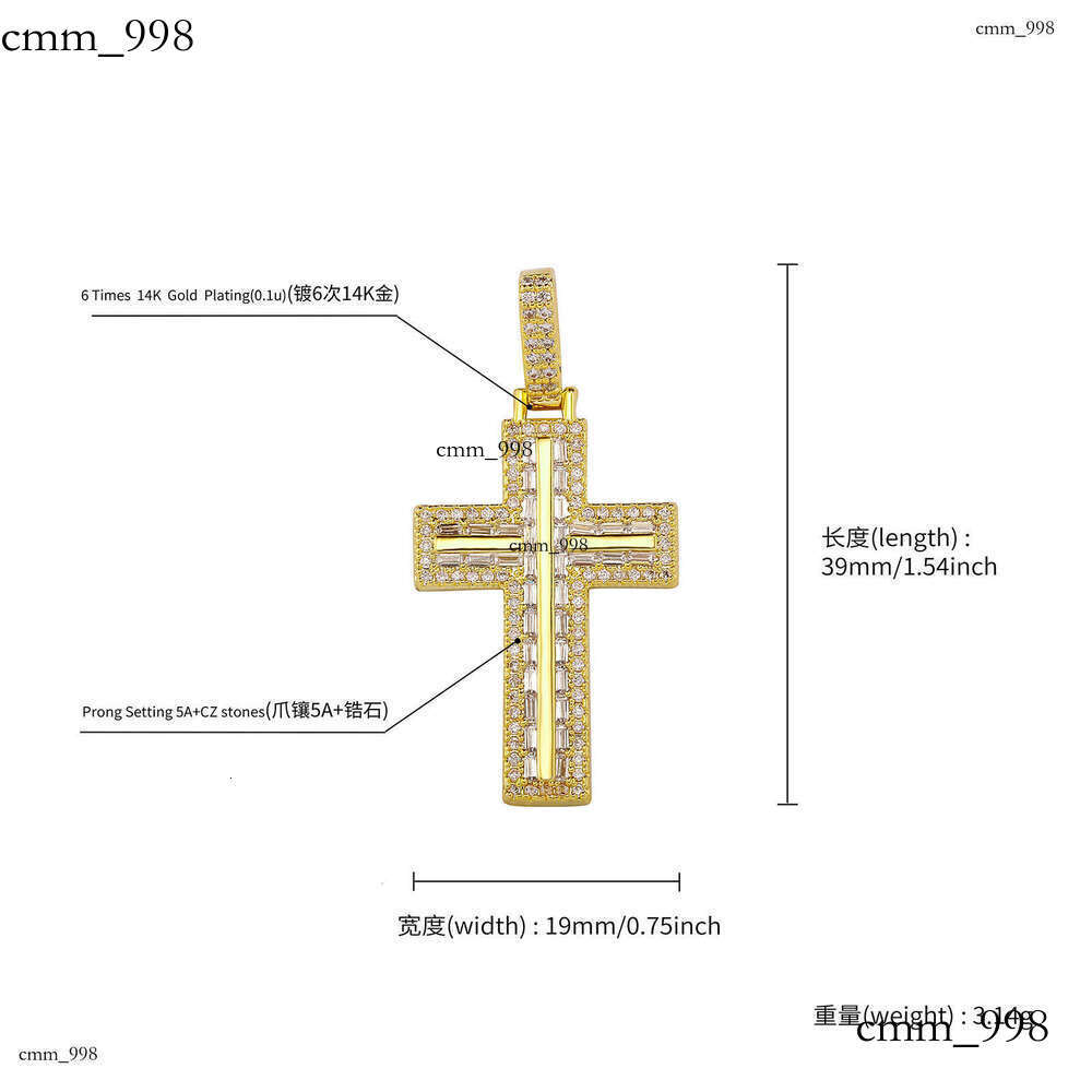 Slim Long Dia Cross Pendant Personality Real Gold Plated Sterling Silver Moissanite chain Necklace