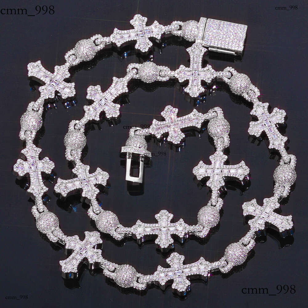 Hip-Hop Mixed Inlaid T Cubic Moissanite chain Cross Necklace for Men with High-End Feel and Full Dia Round Bead Chain