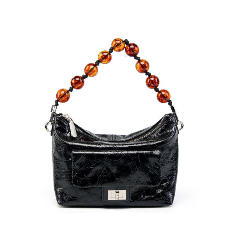 Luxury bag Chinese Style Beaded Chain Crossbody Shoulder Bag for Women New Oil Wax Leather Pleated Handbag