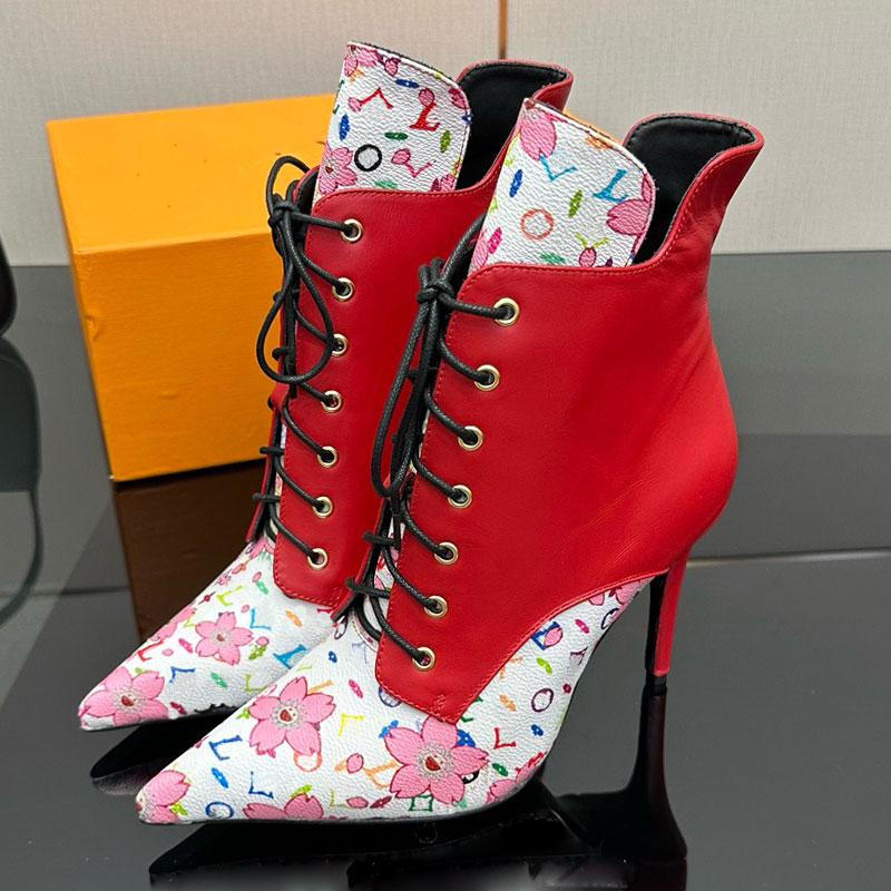 Classic Leather Boots Ladies Cherry Blossom Fine Heeled Boot Women Pointed leather Lace Up fashion boot 9cm Heel Designer shoe woman luxury High Heels Ankle Boots