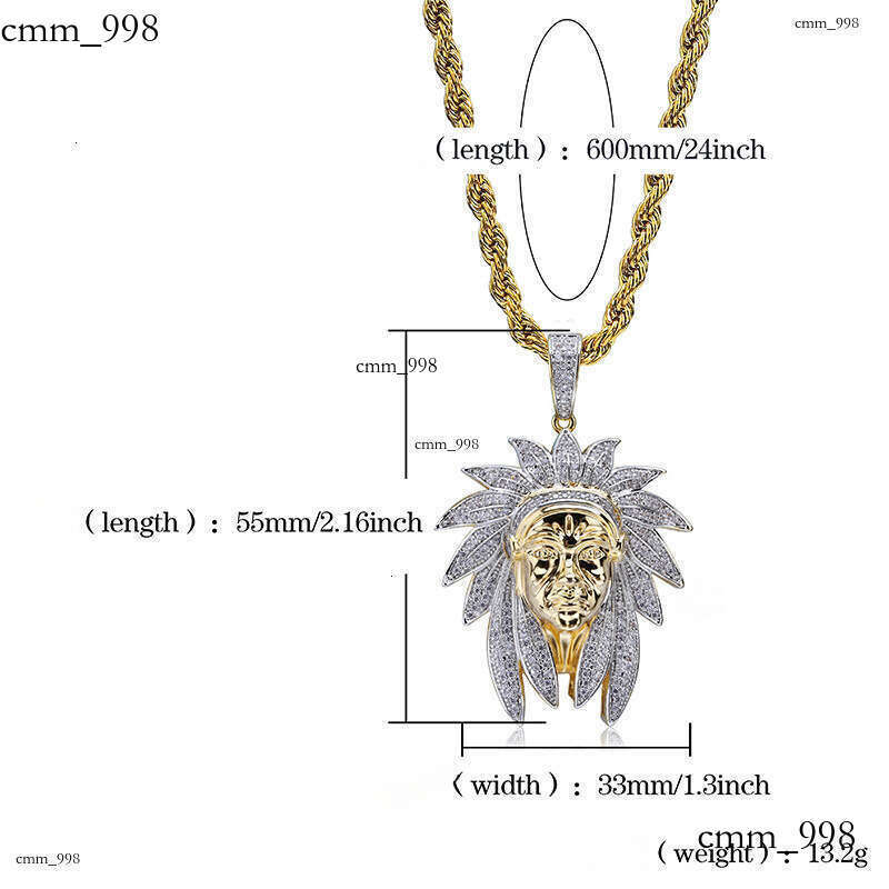 Hip Hop Indian Chief Head Pendant Micro Paved Moissanite chain Two-Tone Unisex Trendy Necklace Hot