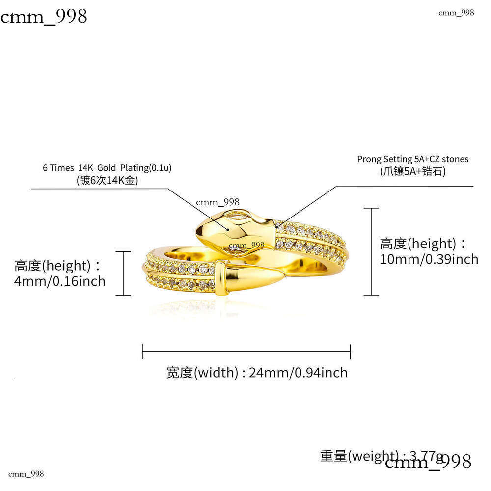 Open Sterling Silver Plated 14K Gold Zircon Personality White Eye Snake Design Ring for Women Wholesale