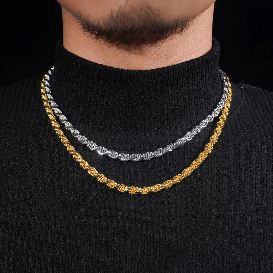 6mm Iced Rope Chain Necklace Stainless Steel Hiphop Rapper Plated Gold Bling Diamond Link Bracelet Necklaces Men 251011