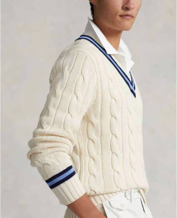 Wholesale Custom Mens Classic Cable Texture VNeck Striped Trim Varsity Cricket Design Knitted Sweater