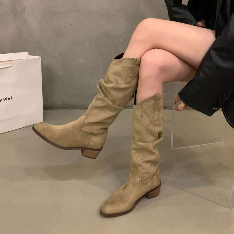 Women's Long Women 2025 Autumn Winter New V-Cut Melad Over-the-Knee Chunky Heel Pointed Toe Slouch Boots bb