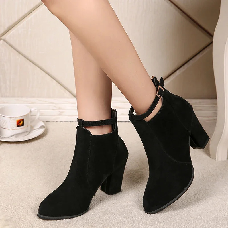 Suede Leather Black Buckle Booties High Heel Ladies Shoes Warm Zipper Ankle Boot Ankle Boots Women Winter Fashion 251008