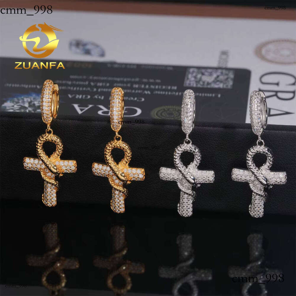 GRA Certificate Snake Design Silicon Stone Hoop Earrings Cross Real Gold Plate Hip Hop Jewelry