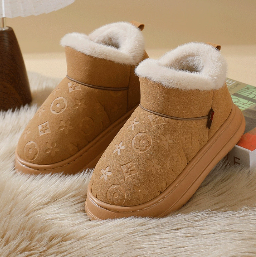 High-quality home couple faux leather waterproof indoor anti-slip warm home slippers with soft soles and velvet cotton for winter wear