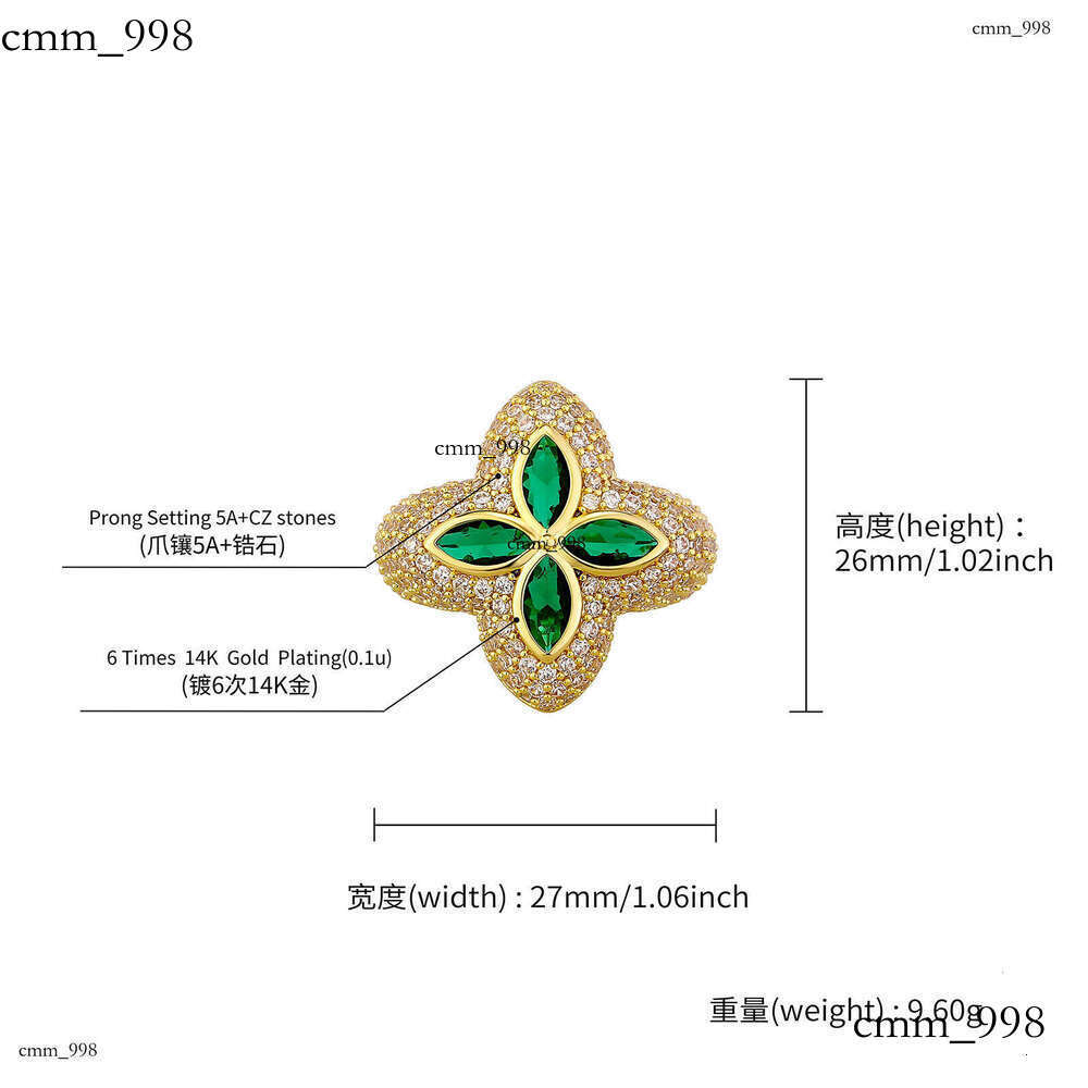 Flower Shaped Men's Hip-Hop Micro-Paved Zircon Four-Leaf Clover Ring Earring Set