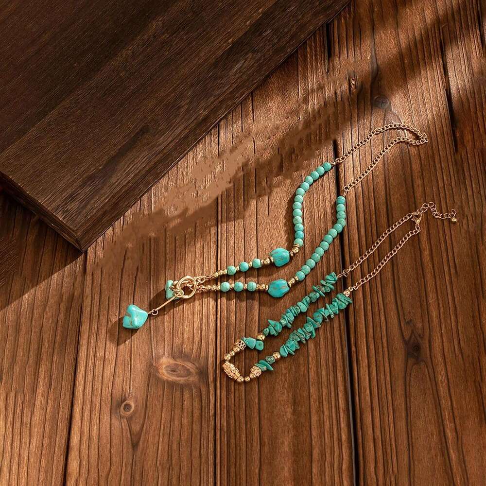 Women's Beaded Layered Choker gold and Turquoise Necklace Toggle Collar Handmade Western Bohemian Jewelry