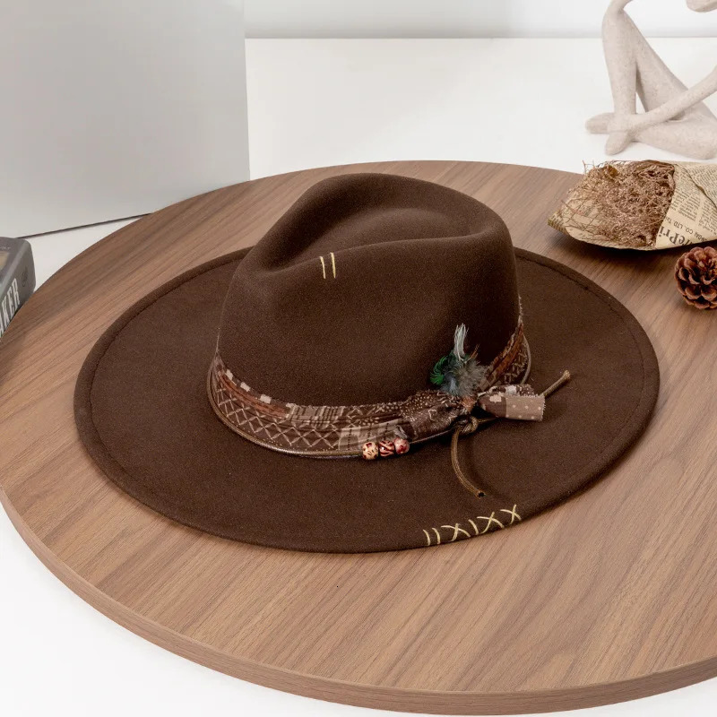 USPOP Vintage Fedora Hat for Women Men Wide Brim Felt Hat with Feather Band Western Style Panama Hat for Spring Autumn 251011 - view 6