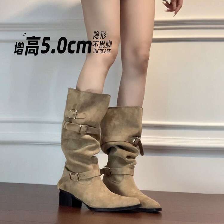 Cowhide Version ~ Chunky Heel Genuine Leather Long for Women with Belt Buckle, Pleated Stacked Boots, High Tube Western Cowboy Boots 63