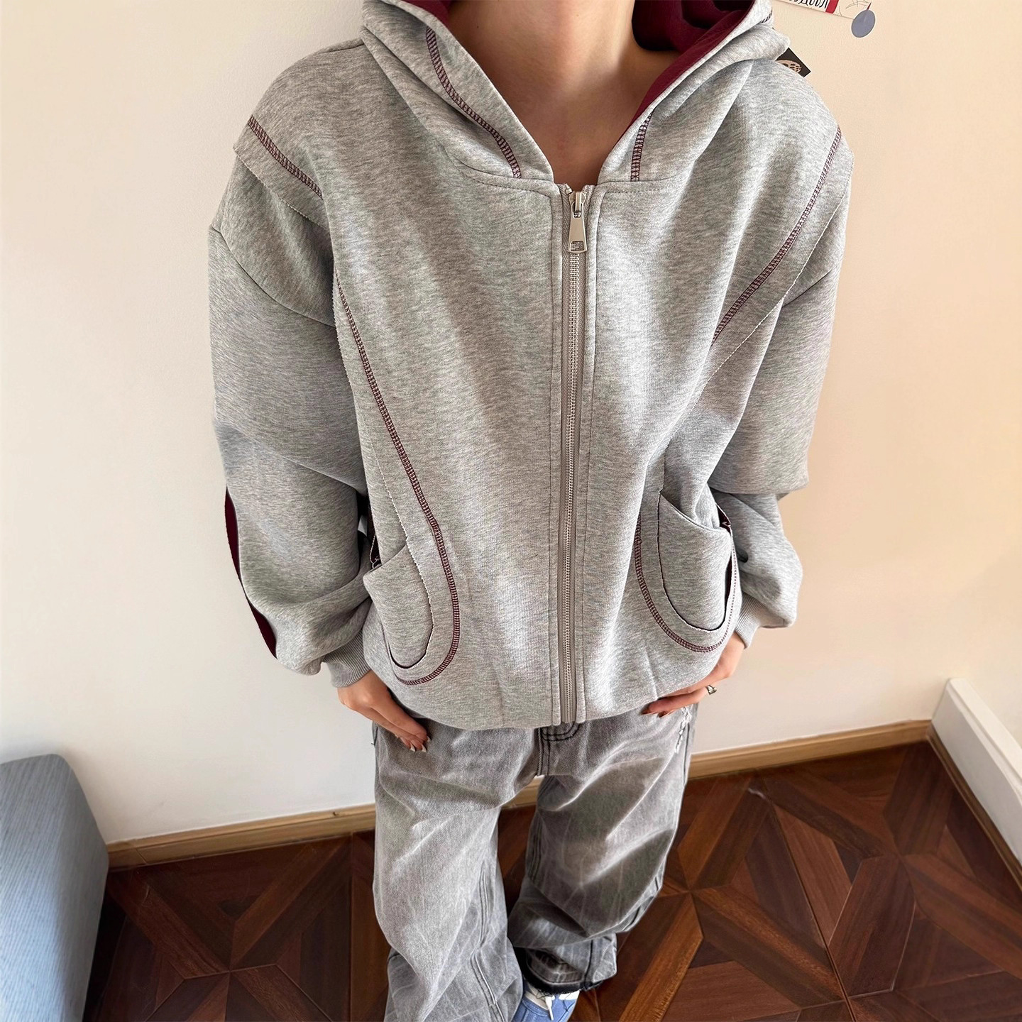 American Heavyweight Cleanfit Contrast Designer Jacket Stitching Hooded Sweatshirt Unisex Color Block Jacket Men Patchwork Zipper Cardigan Jacket Trendy
