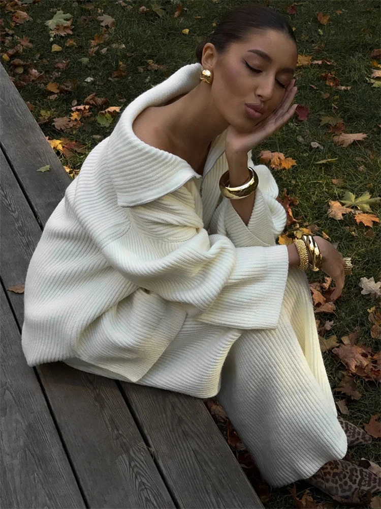 Tossy White Lapel Knitwear Cardigan 2 PieceSet Women Zipper Loose Autumn 2025 Patchwork Trousers Sets Ladies Knit Pant Sets 251011