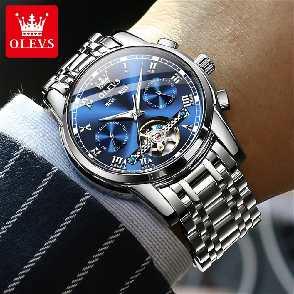 OLEVS 6607 Automatic Men Watches Gift Box Set Skeleton Flywheel Original Man Watch Waterproof Mechanical Wristwatch 251011