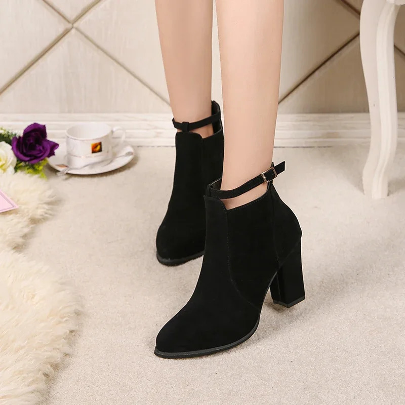 Suede Leather Black Buckle Booties High Heel Ladies Shoes Warm Zipper Ankle Boot Ankle Boots Women Winter Fashion 251008