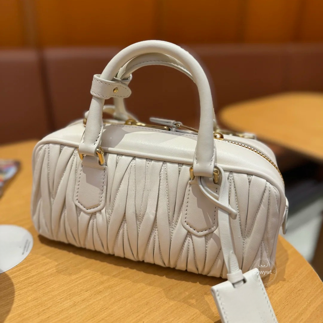 New Pleated Bowling Bag Mini Handbag Leather Tote with Shoulder Strap, Lightweight Designer Bag for Women, Crossbody or Top Handle Purse Set