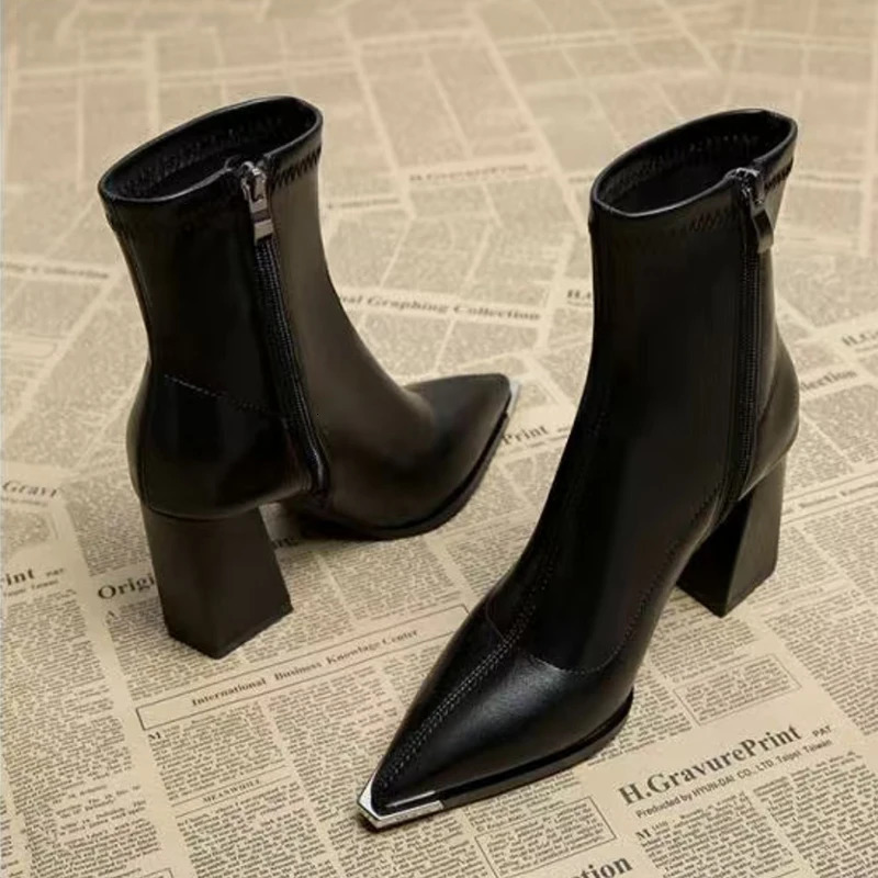 Pu Black Ankle Boots Autumn French Retro Pointed Toe High Heel Chelsea Boots Metal Decoration Short Booties 251010