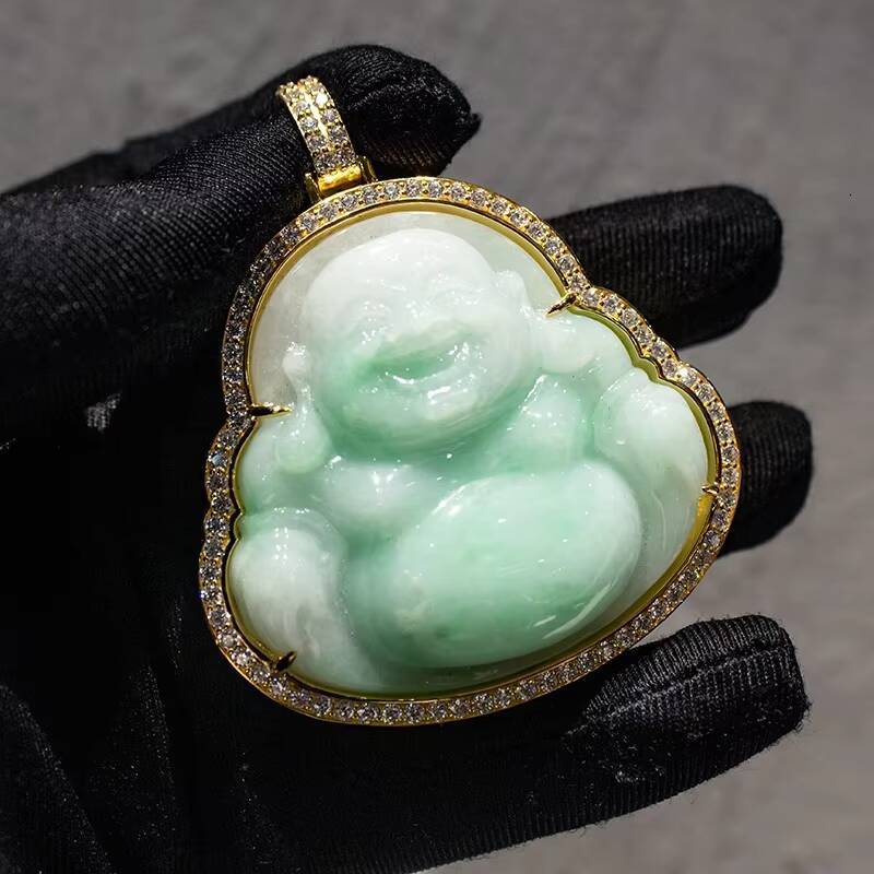 10K Solid Gold 925 Sterling Silver With Moissanite Diamond Hip Hop Natural Nephrite Jade Maitreya Buddha Pendant