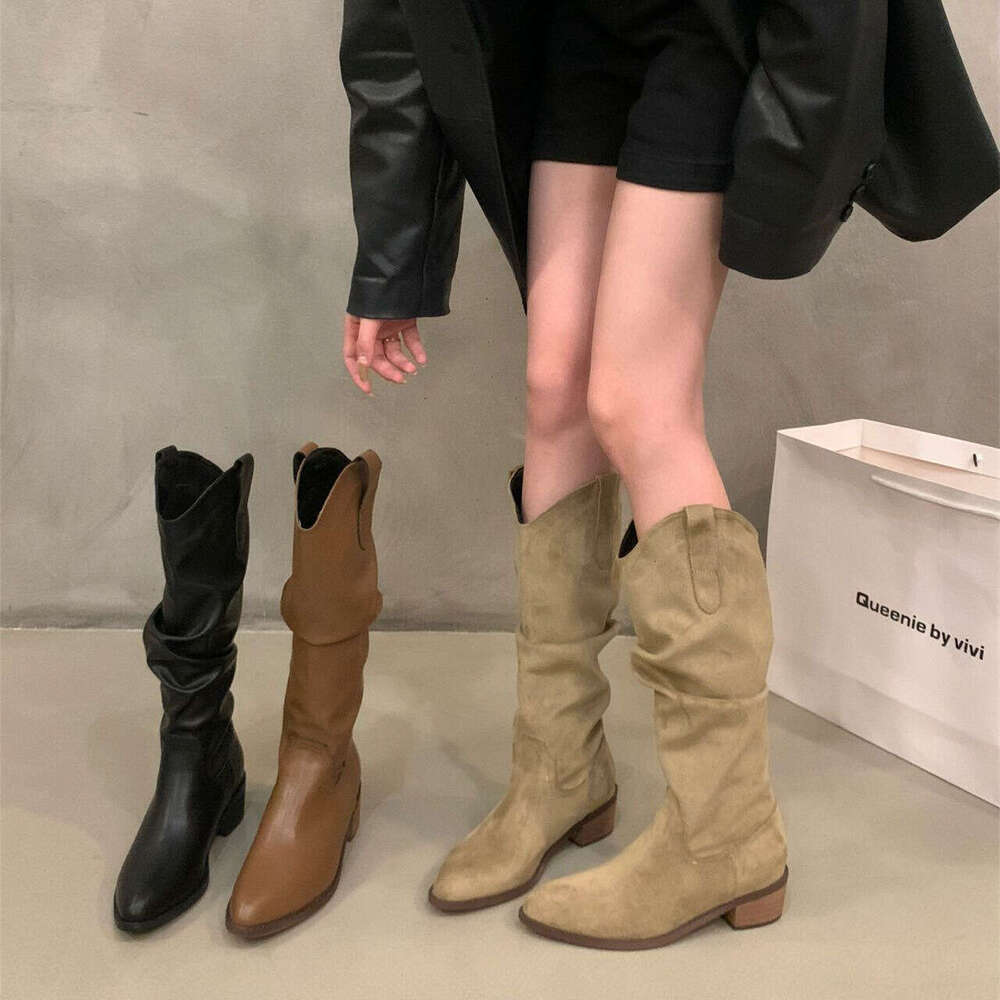 Women's Long Women 2025 Autumn Winter New V-Cut Melad Over-the-Knee Chunky Heel Pointed Toe Slouch Boots bb