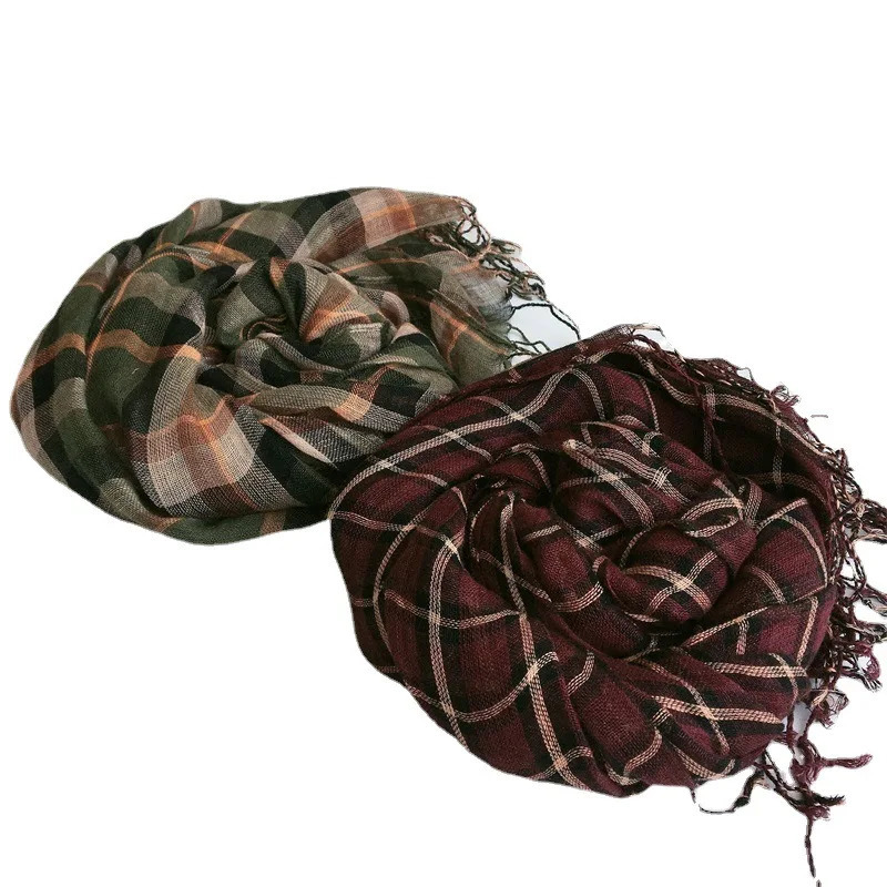 Summer Linen Plaid Scarf Japanese style Fashion Shawl Beach Holiday Decoration Linen Scarves 251011