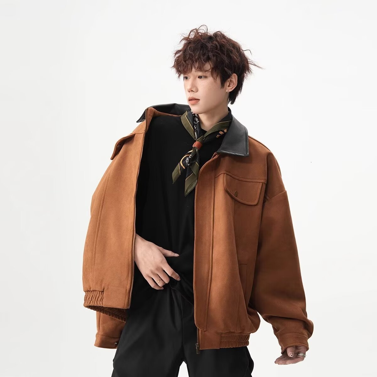 Spring And Autumn Korean Style Turn-down Collar High-end Suede Jacket Men's Designer Jacket Casual Loose Handsome Jacket Men American Retro Zipper Jacket