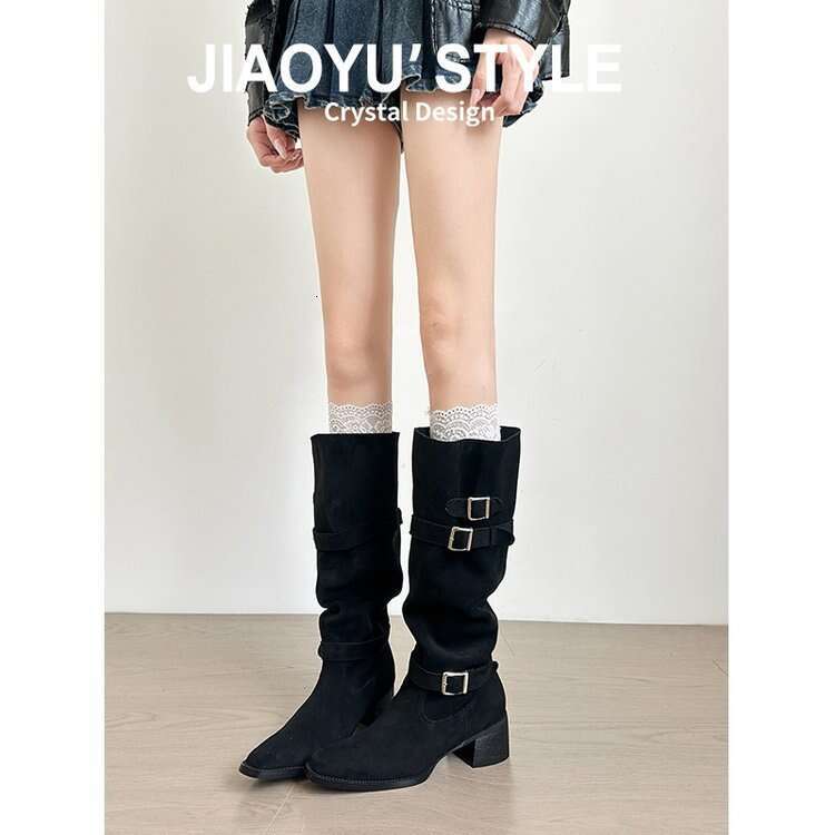 Cowhide Version ~ Chunky Heel Genuine Leather Long for Women with Belt Buckle, Pleated Stacked Boots, High Tube Western Cowboy Boots 63