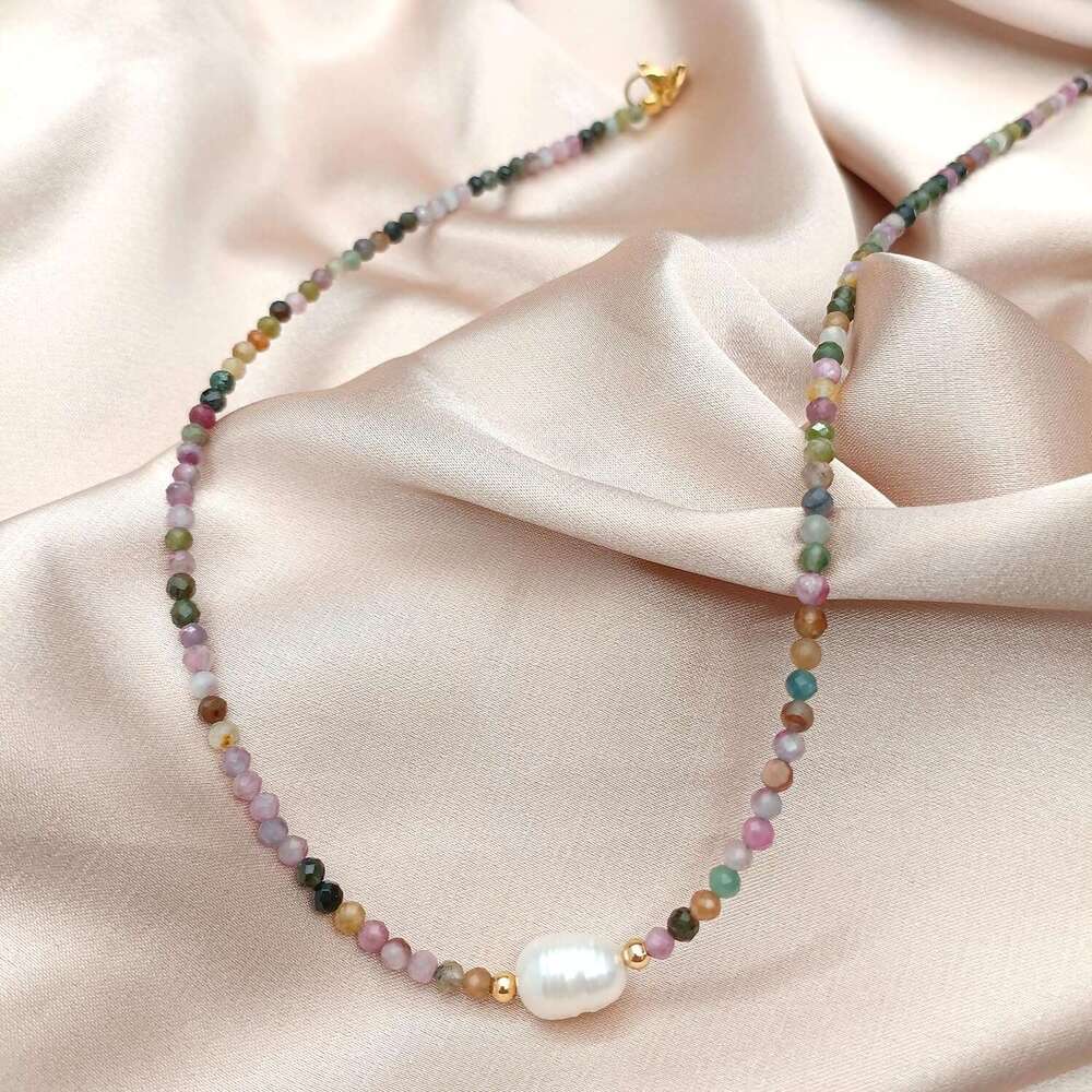 Women's Crystal Single Freshwater Pearl Colorful Beaded Necklace, Fashionable Natural Stone Choker