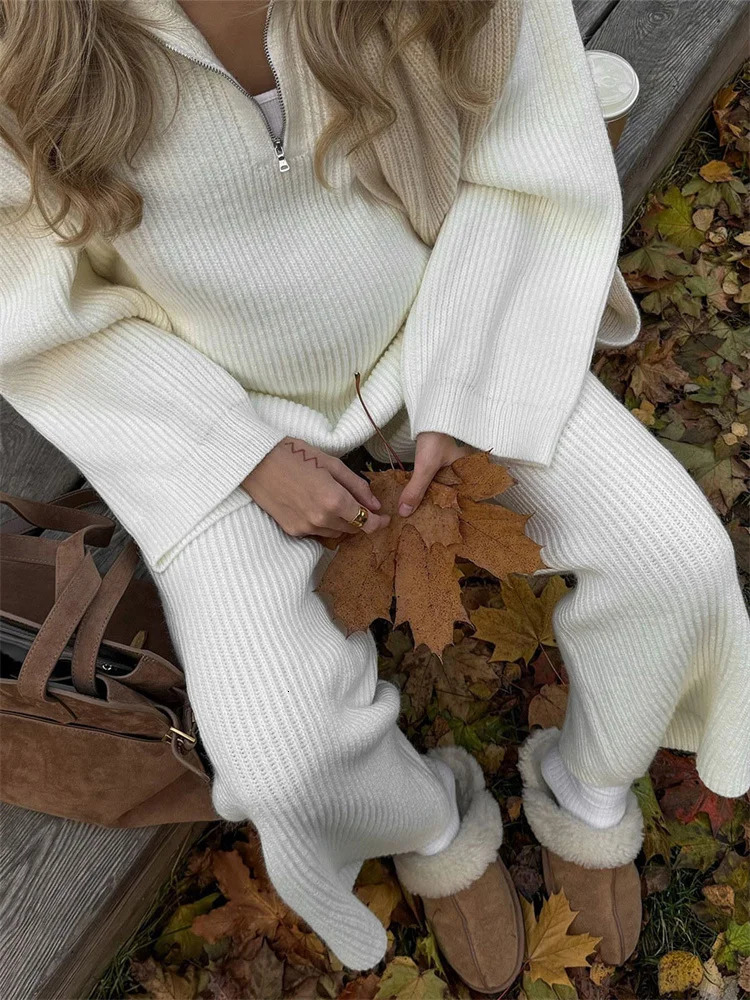 Tossy White Lapel Knitwear Cardigan 2 PieceSet Women Zipper Loose Autumn 2025 Patchwork Trousers Sets Ladies Knit Pant Sets 251011
