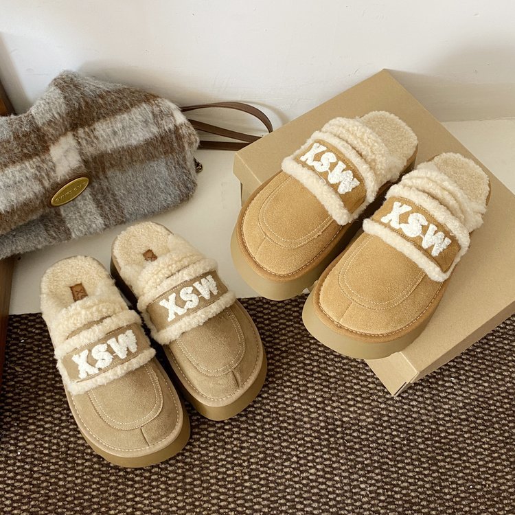 fashion 2025 Cotton Slippers For Women Autumn And Winter New Thick Soled Comfortable Home Warm Half Pack Snow Boots Wear Wool Shoes