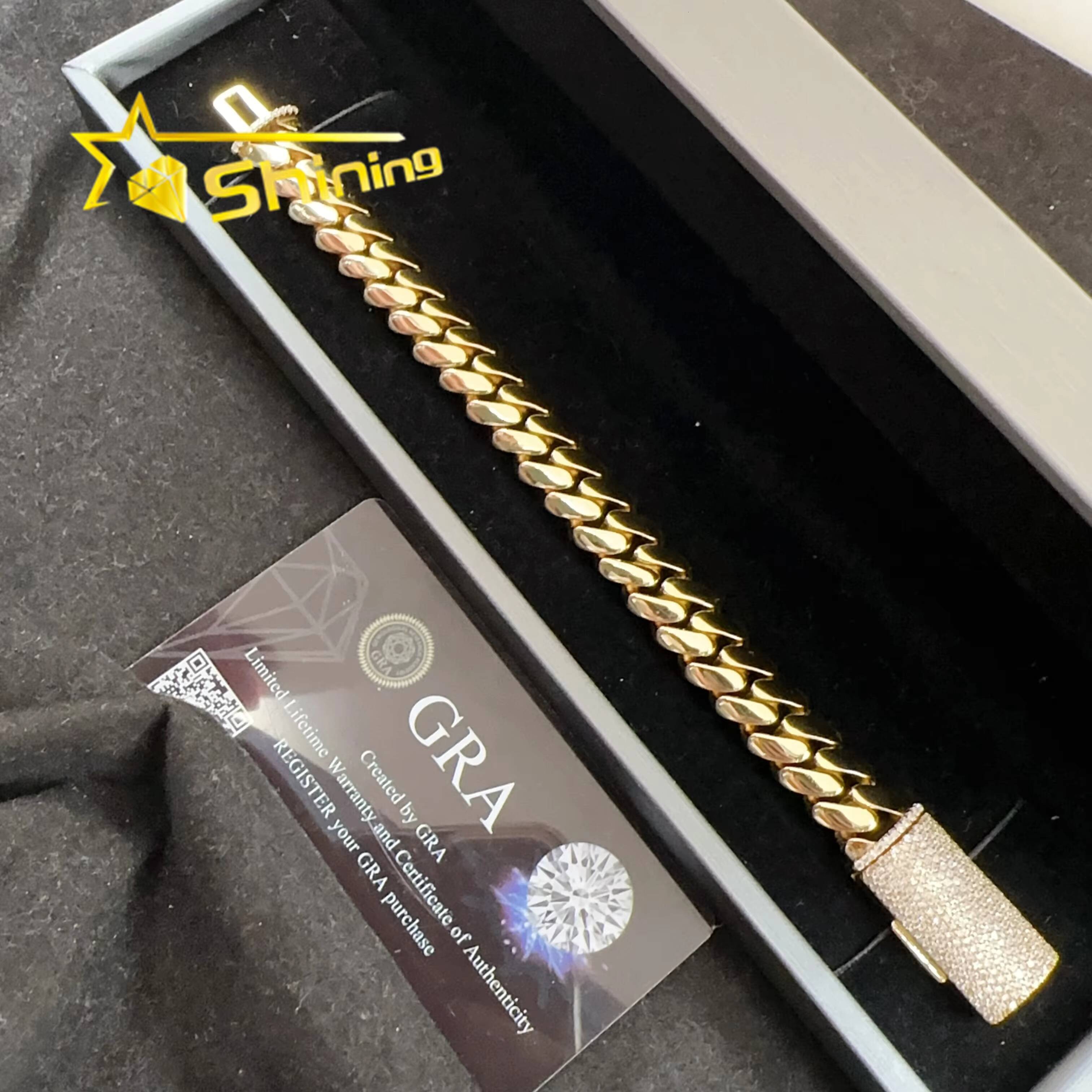 925 Sterling Silver Cuban 12mm Iced Out VVS Moissanite Clasp Hip Hop Jewelry Plain Cuban Bracelet