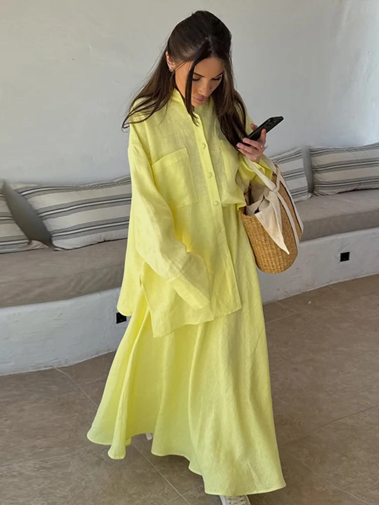 Fashion Loose Womens Two Piece Turndown Collar Full Sleeve Single Breasted Top Draped Long Skirt 2025 Summer Lady Causal Set 251028