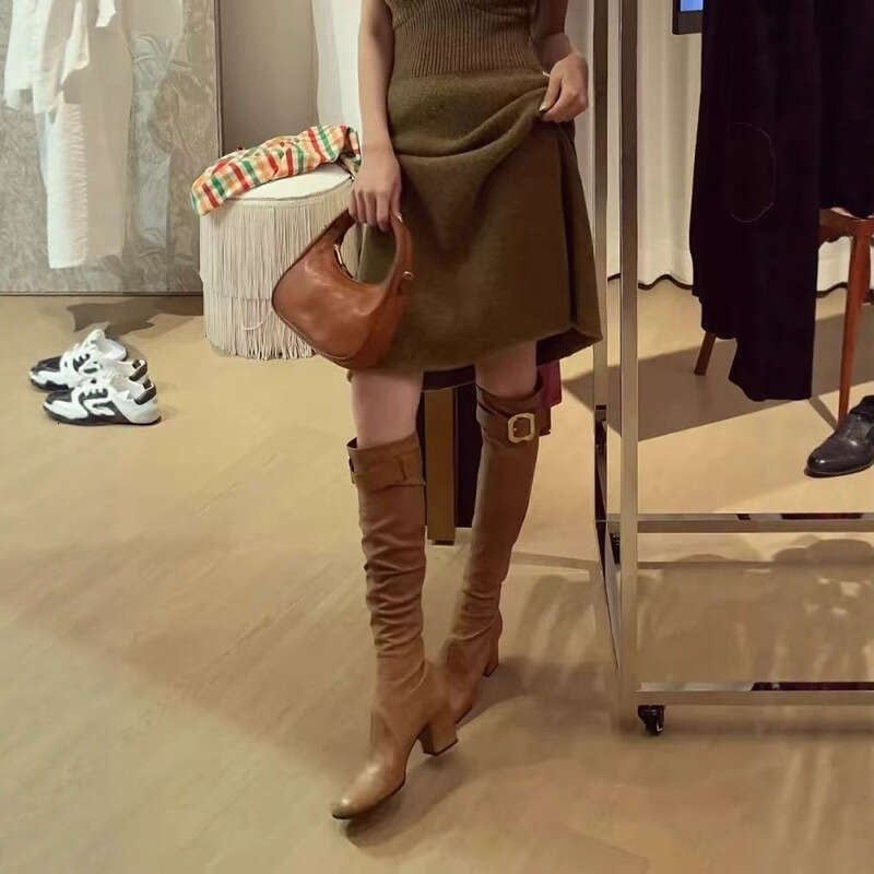 Mui Home Belt Buckle Long Thick Heel Square Toe Elastic High Tube Slim Boots Women's Fashion Autumn Winter Shoes 25