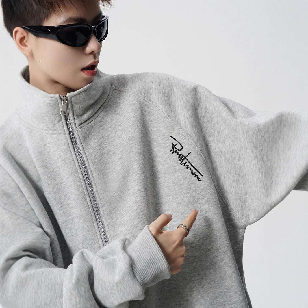 American Style Gray Cardigan Sweatshirt For Men Designer Jacket Winter National Trend Jacket Men Embroidered Fleece Couple Jacket Retro Casual Stand Collar Jacket