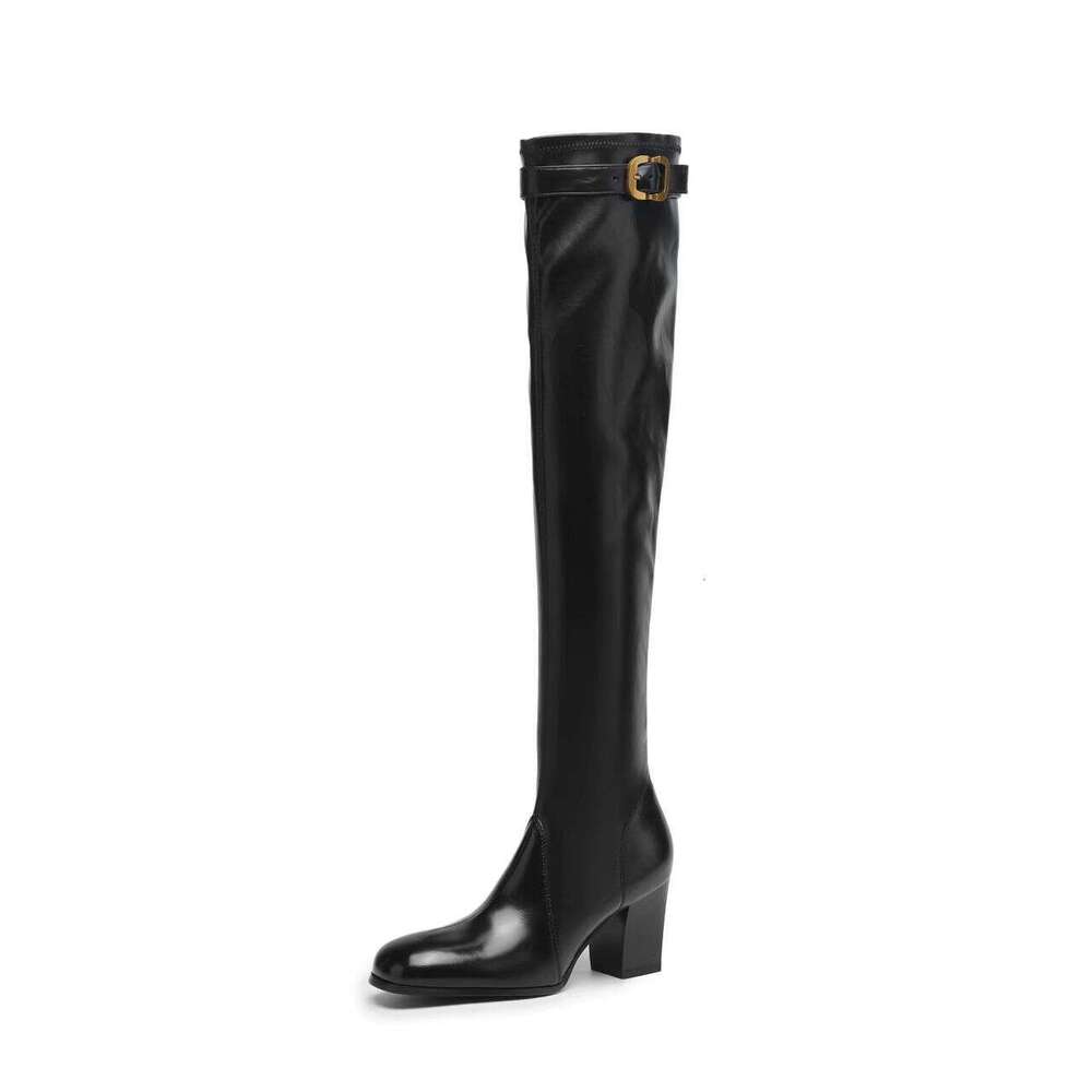 Mui Home Belt Buckle Long Thick Heel Square Toe Elastic High Tube Slim Boots Women's Fashion Autumn Winter Shoes 25